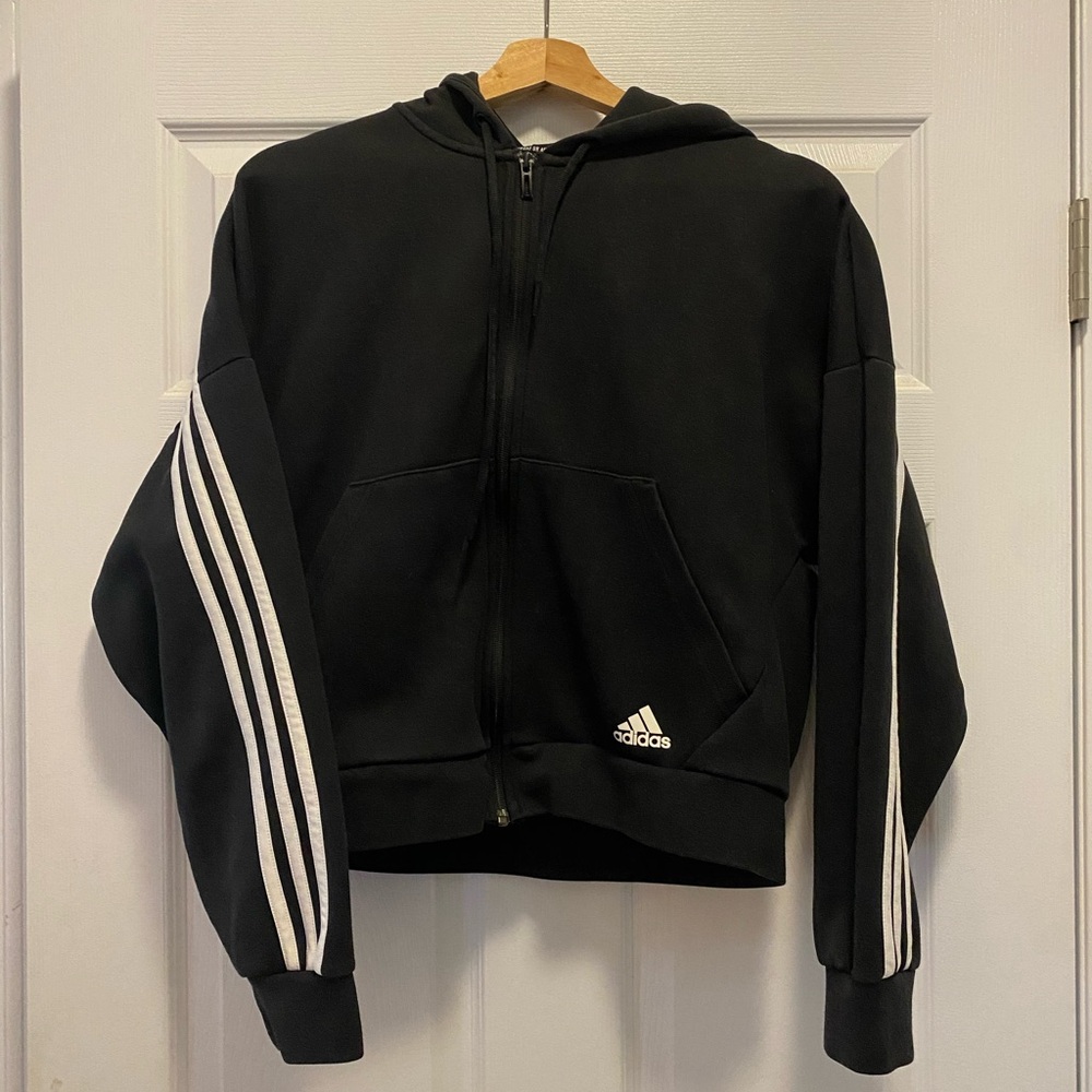 Cropped Adidas Black Hoodie with White Stripes
